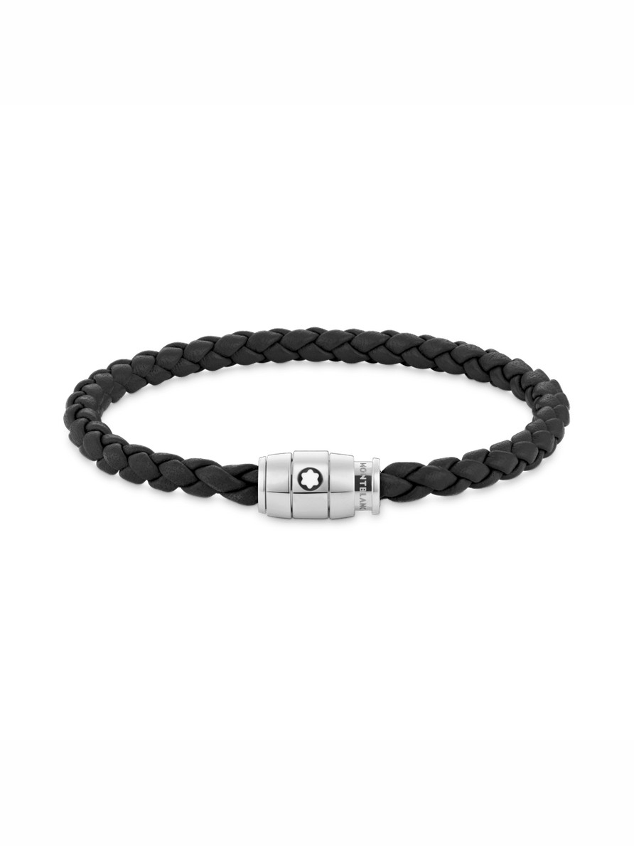 Brazalete de piel negra con cierre de 3 anillas de acero Talla M