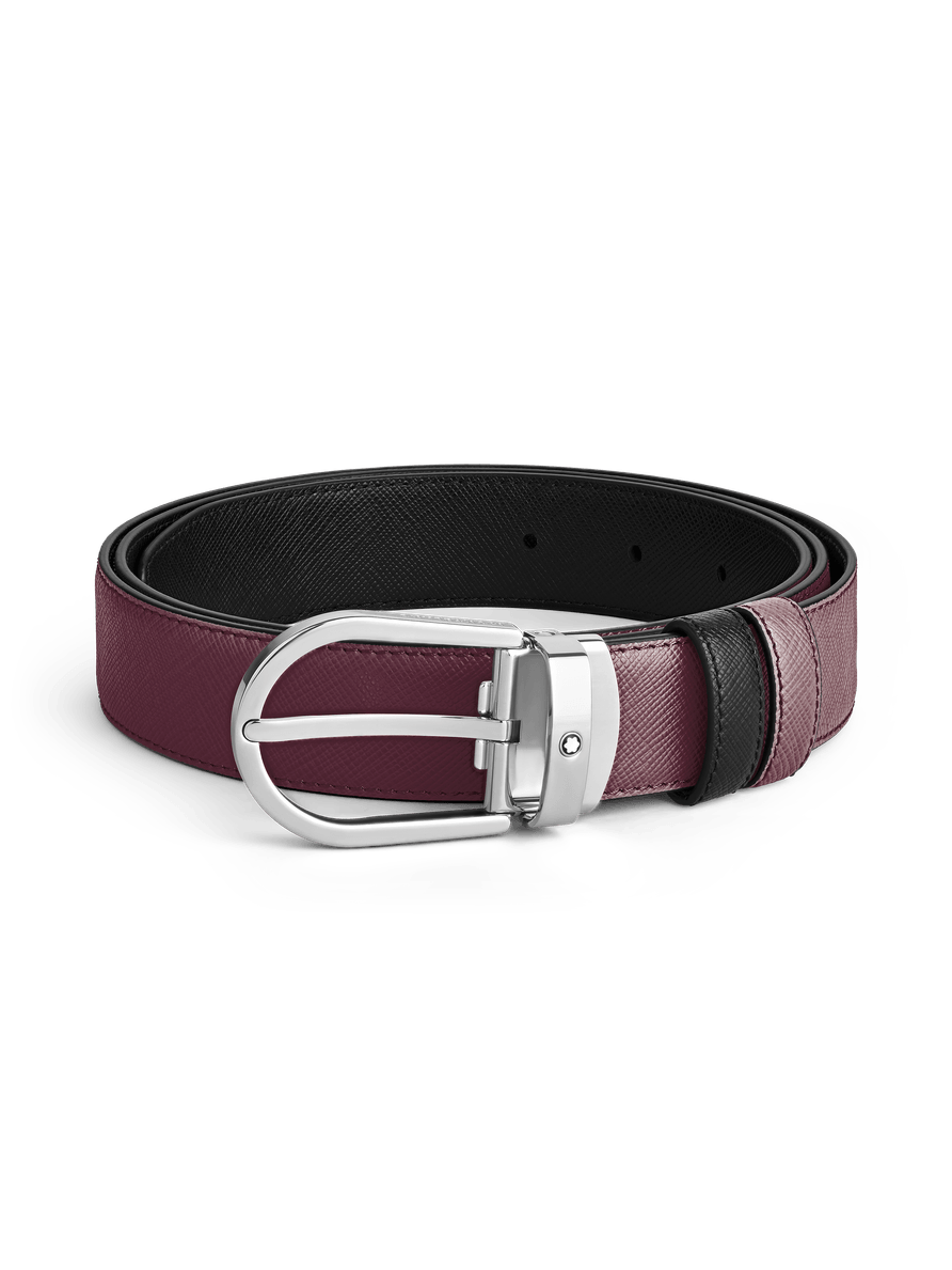 Cinturón reversible de piel negra y color cassis con hebilla en forma de herradura