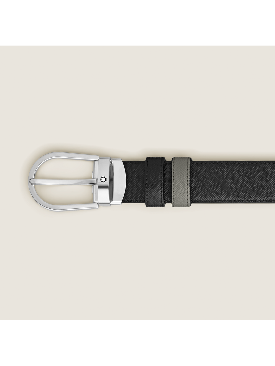 Correa reversible de piel negra y gris medio de 30 mm con hebilla en forma de herradura