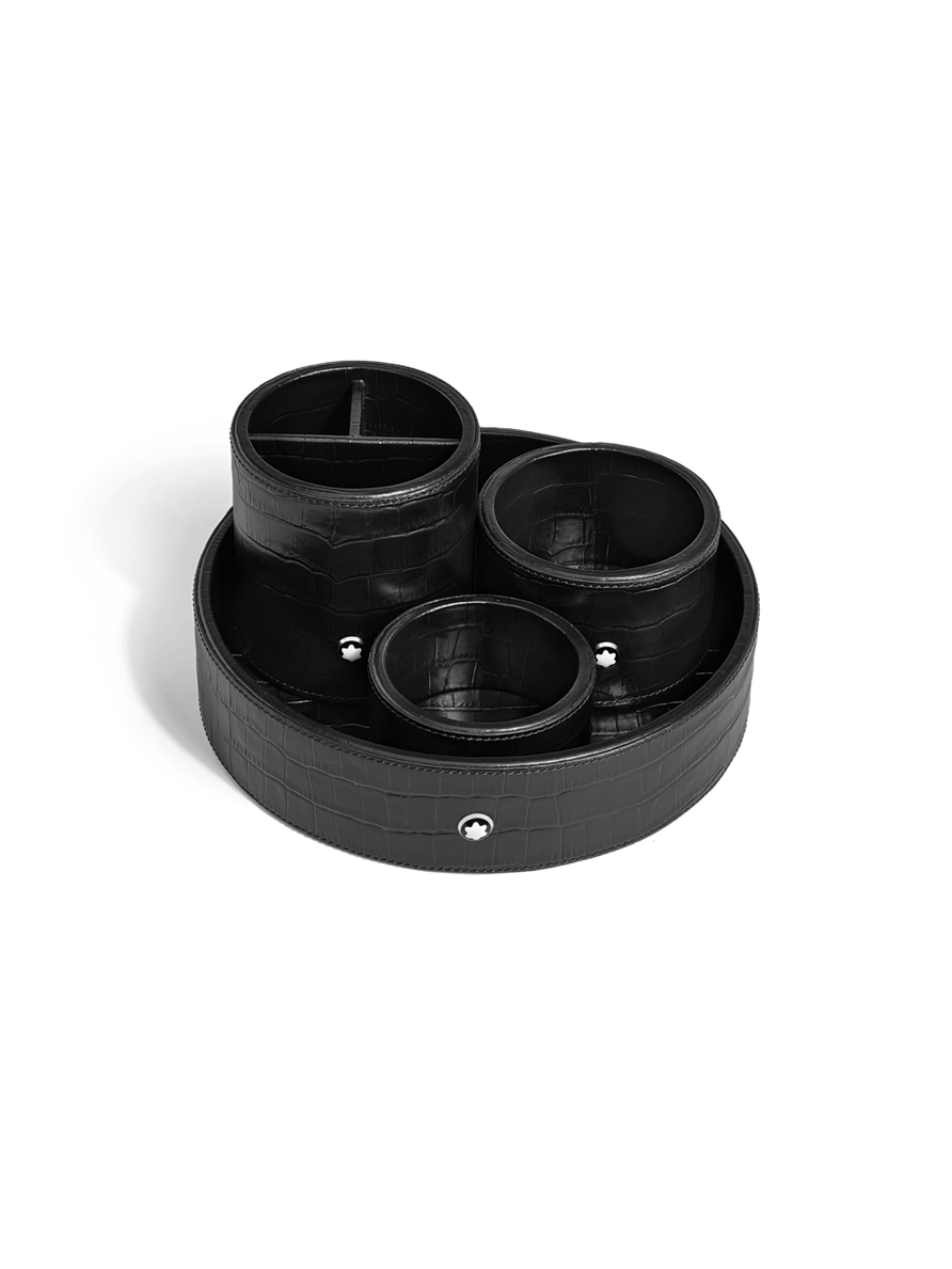 Bandeja de escritorio redonda de piel con grabado cocodrilo negra (G)