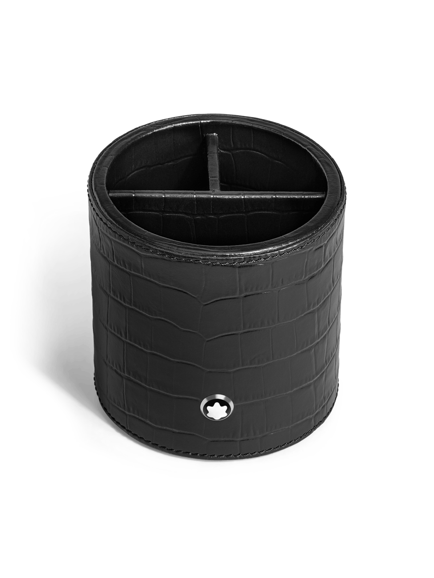 Porta bolígrafos redondo de piel con grabado cocodrilo negro