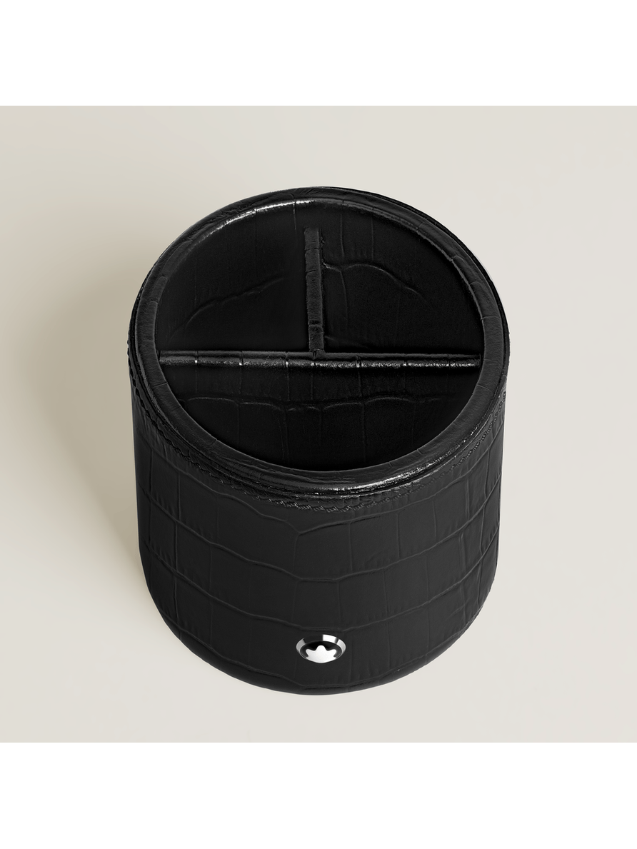 Porta bolígrafos redondo de piel con grabado cocodrilo negro