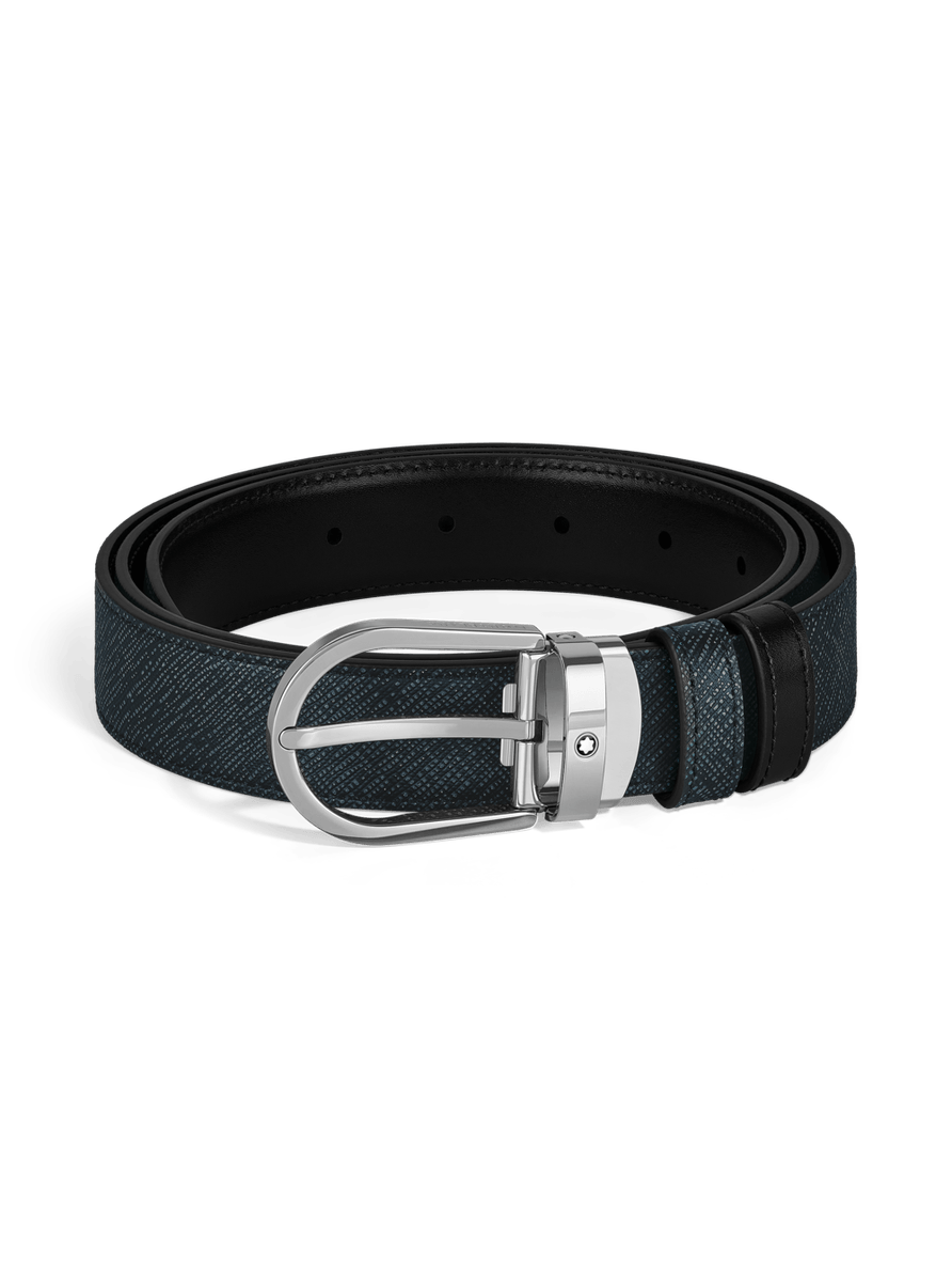 Cinturón reversible azul tweed/negra con hebilla en forma de herradura 30 mm