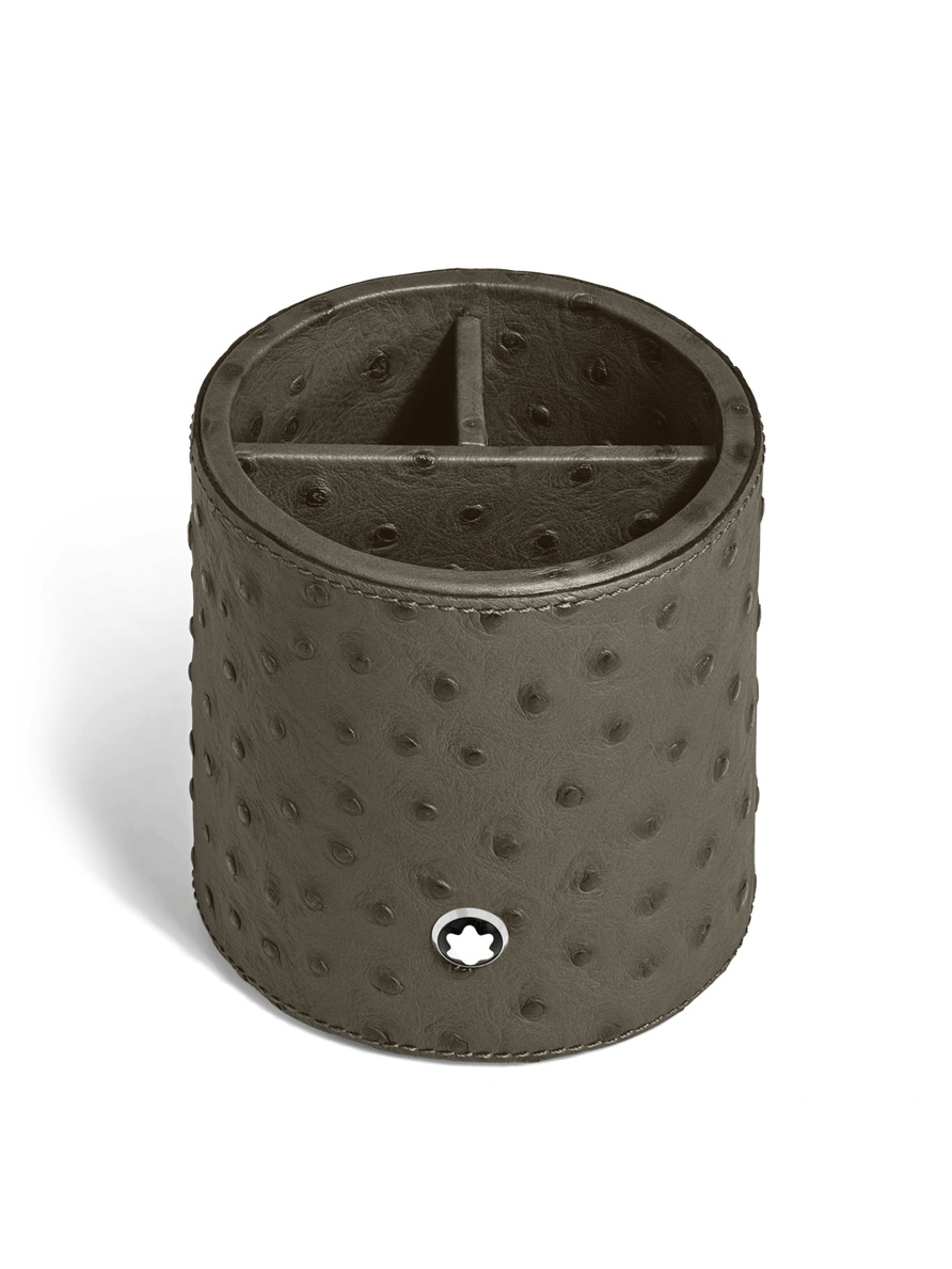 Porta bolígrafos redondo de piel con grabado avestruz caqui