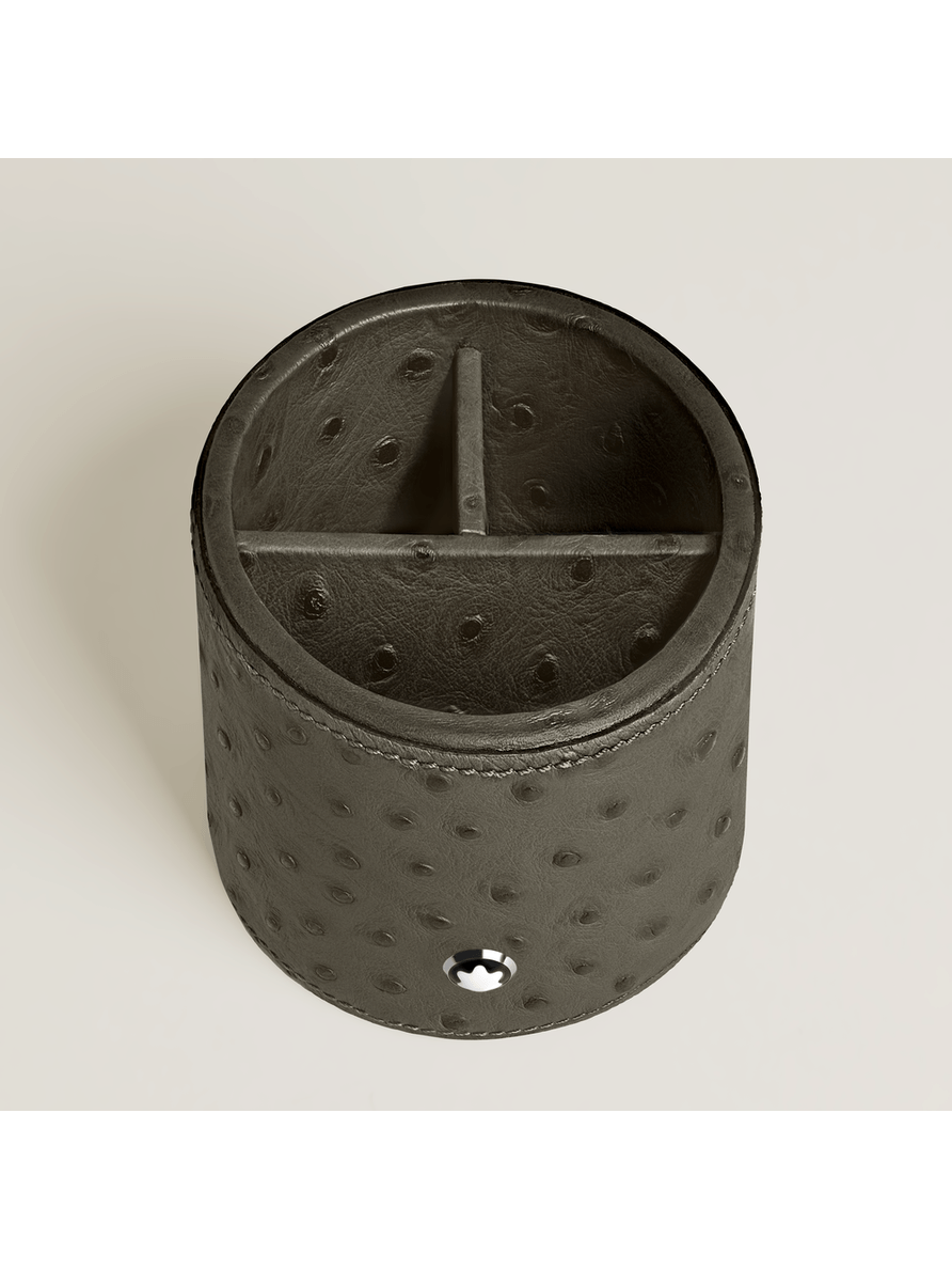 Porta bolígrafos redondo de piel con grabado avestruz caqui