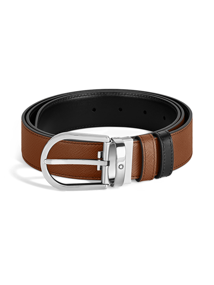 Cinturón reversible negro/leonado con hebilla en forma de herradura 35 mm