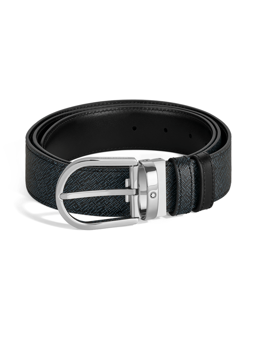 Cinturón reversible azul tweed/negra con hebilla en forma de herradura 35 mm