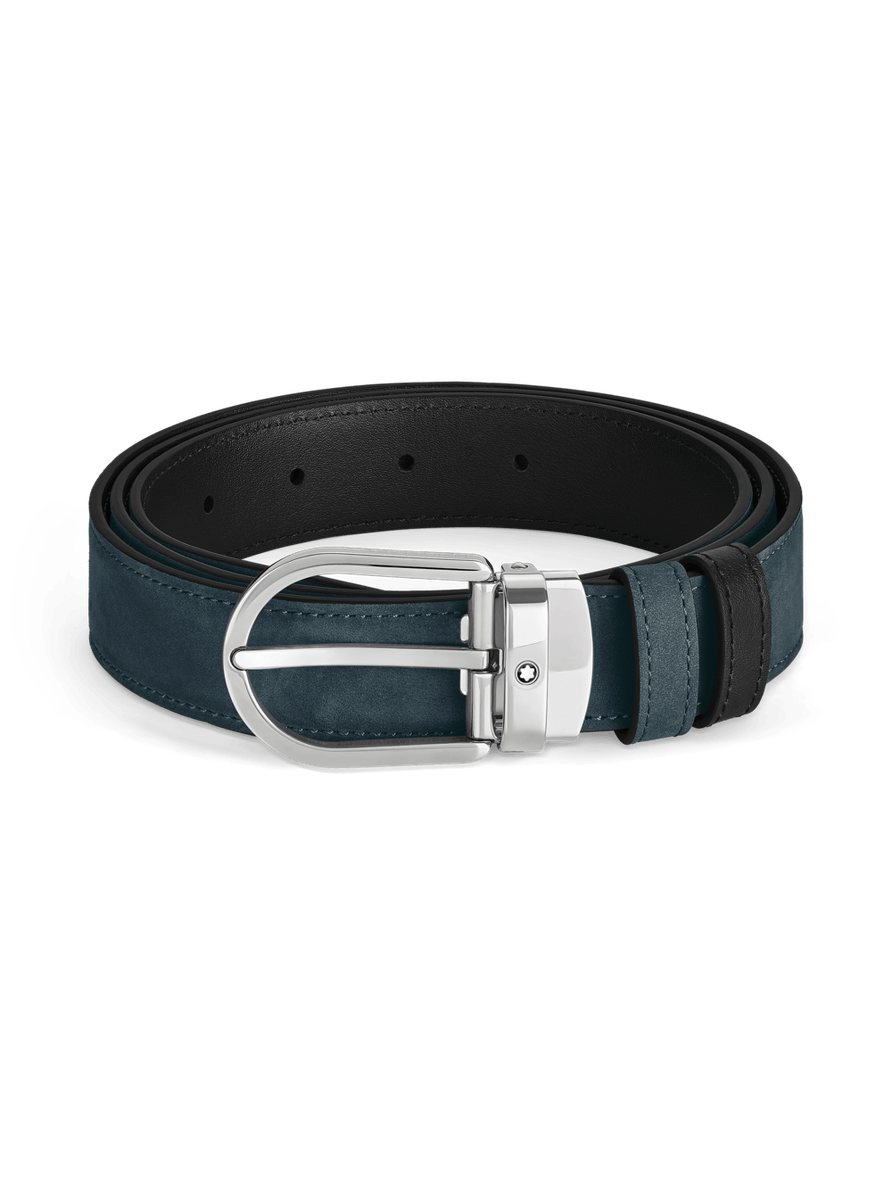 Cinturón reversible azul terciopelo/negro con hebilla en forma de herradura 30 mm